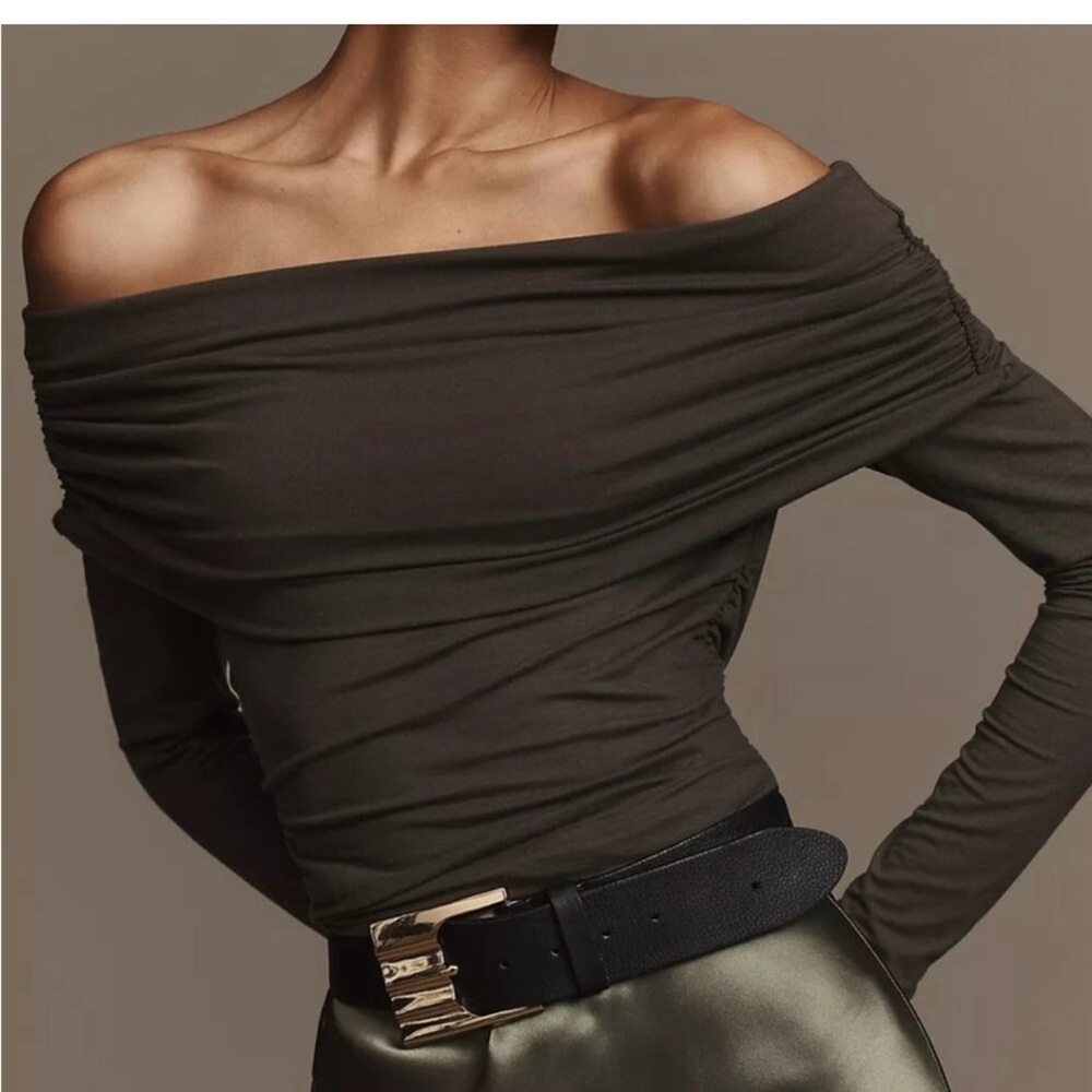 Reformation Olive Off-the-Shoulder Ruched Long Sleeve Top